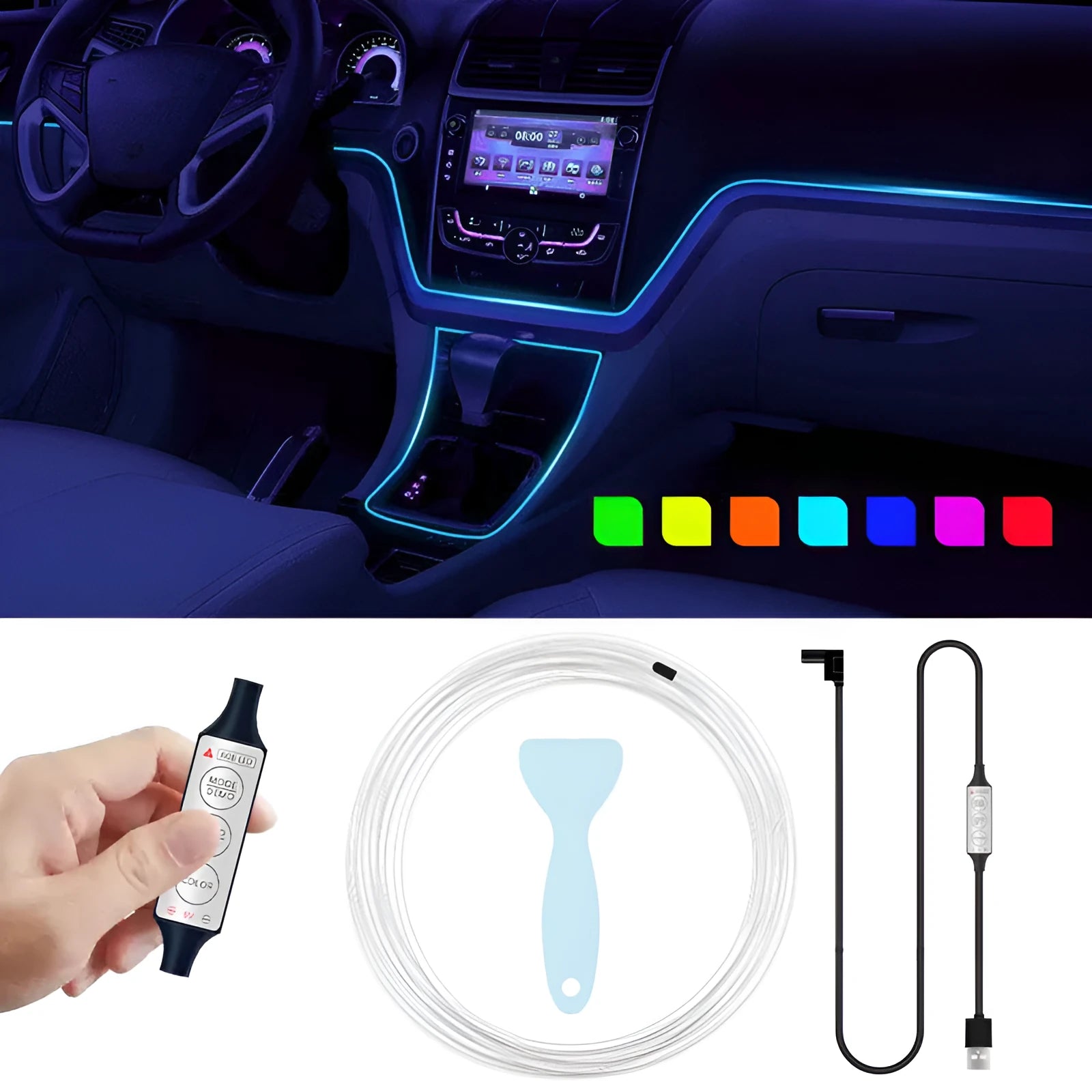 USB-powered RGB LED light strip for car interior with wireless remote control.
