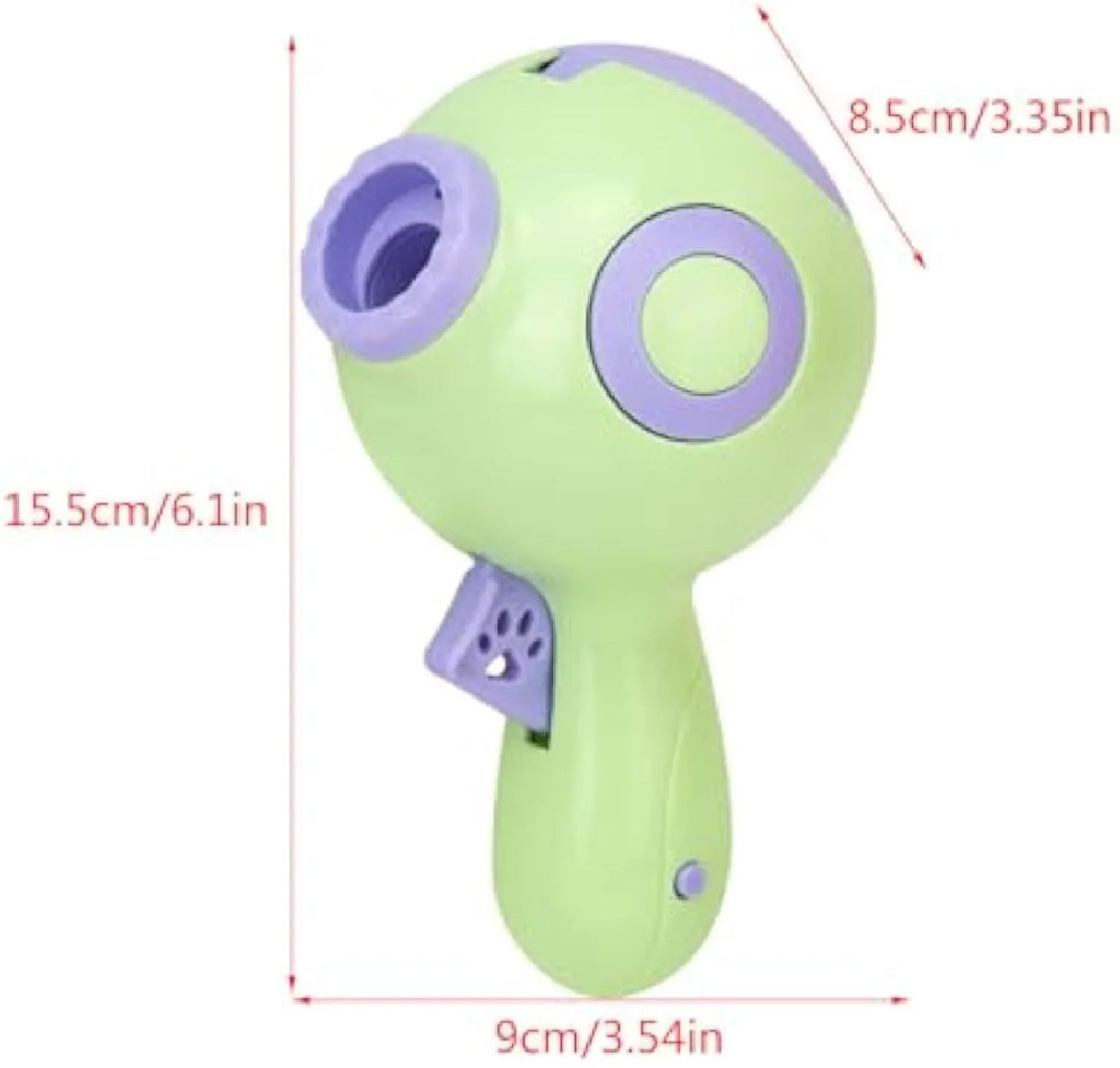Green, orange, and pink plastic interactive dog treat launcher and slow feeder toy.