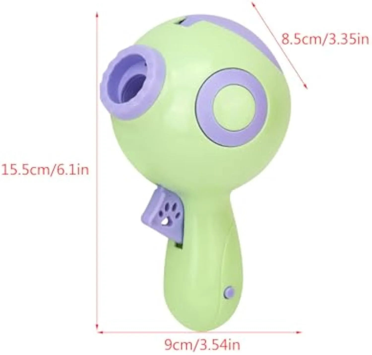 Green, orange, and pink plastic interactive dog treat launcher and slow feeder toy.