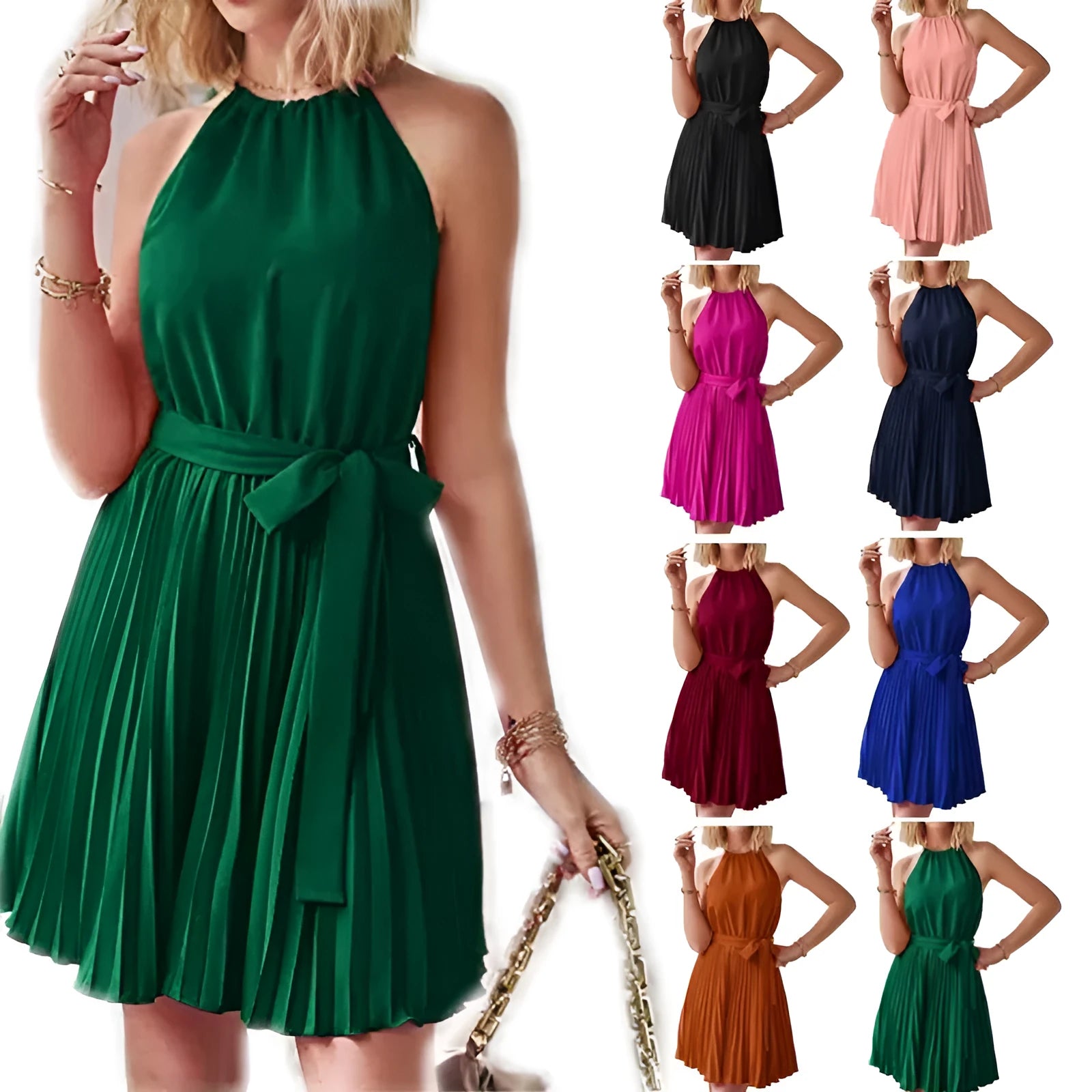 Women's black halter neck strapless sundress with pleated skirt and adjustable waist belt