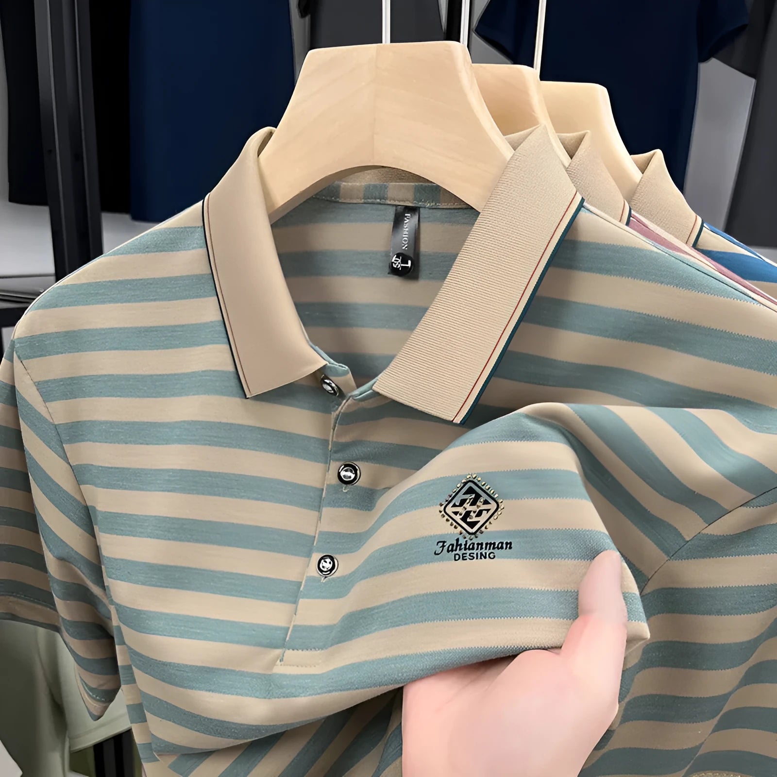 A man wearing a blue mosaic striped short sleeve polyester t-shirt, showcasing the casual fit.