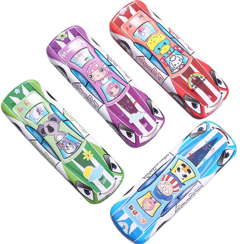 Tinplate car-shaped pencil case with cartoon patterns showing double-layer interior