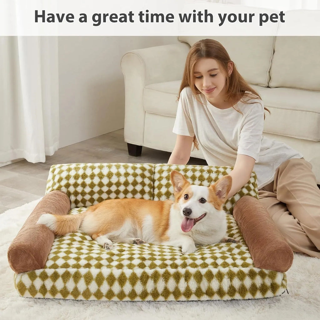 Checkered pattern pet sofa bed for small cats and dogs with removable cover, shown in three sizes.