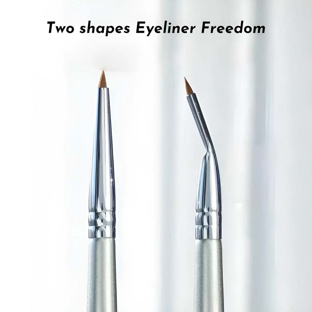 Close-up of a fine-tipped synthetic makeup brush for eyeliner and under-eye concealer application.