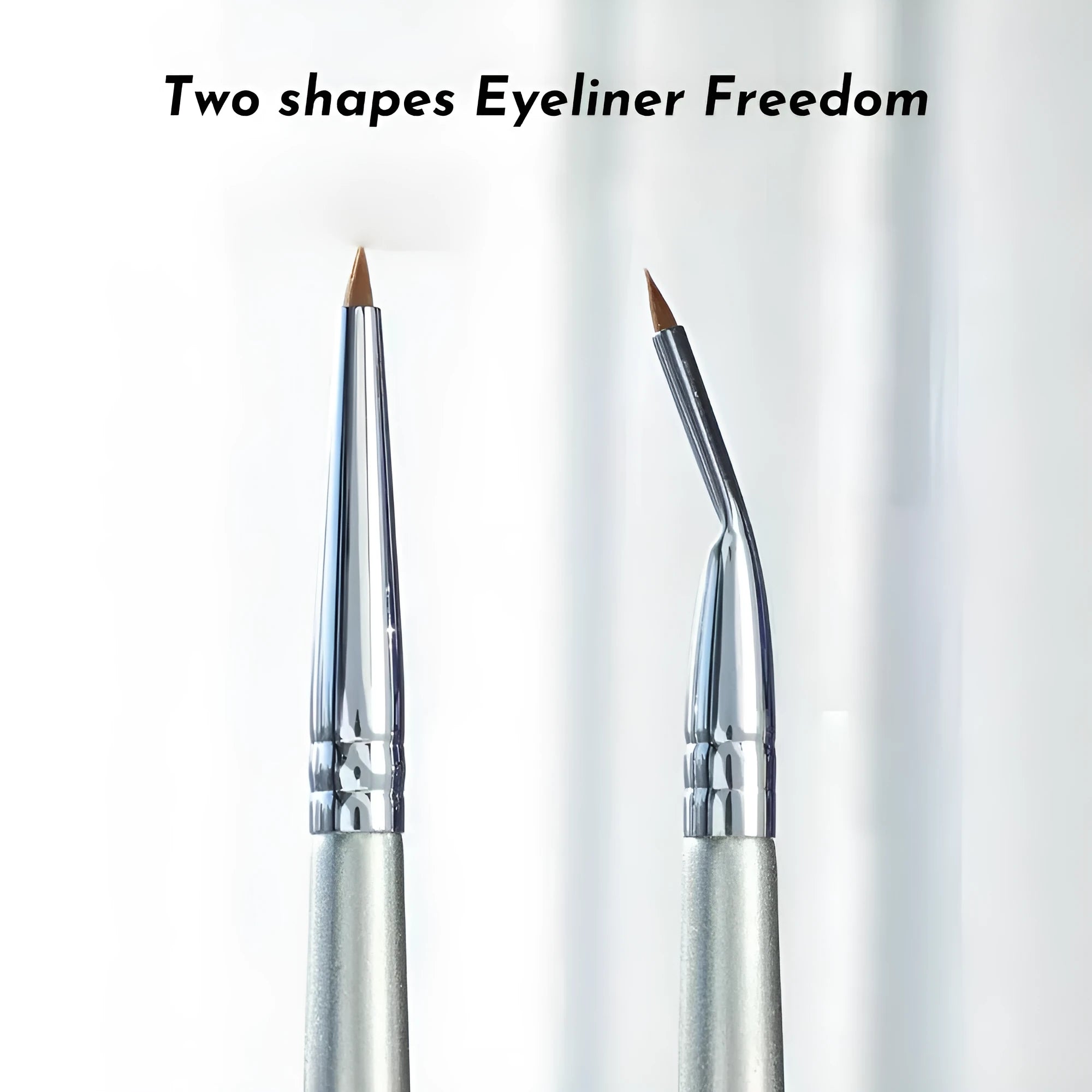 Close-up of a fine-tipped synthetic makeup brush for eyeliner and under-eye concealer application.