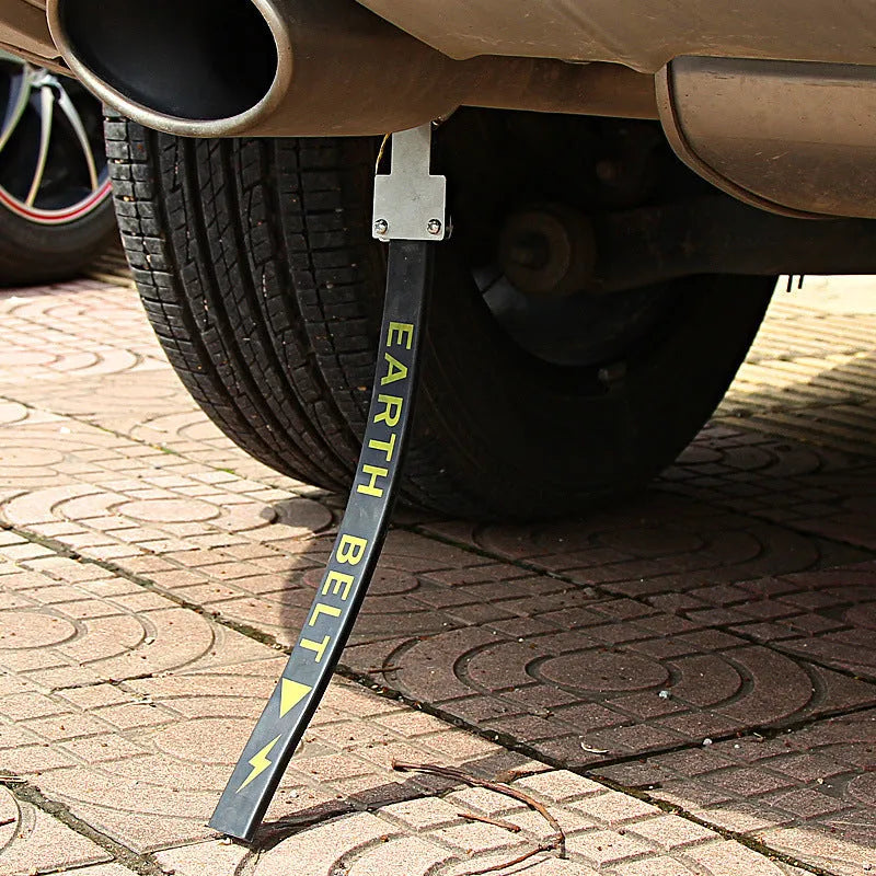 Black 370mm long car electrostatic grounding belt with rubber casing and metal clamp for vehicle static discharge.