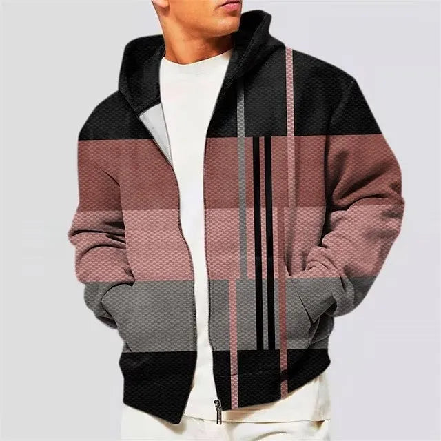Men's 3D printed hooded cardigan with stand collar and full zip, loose fit, long sleeves, polyester fibre