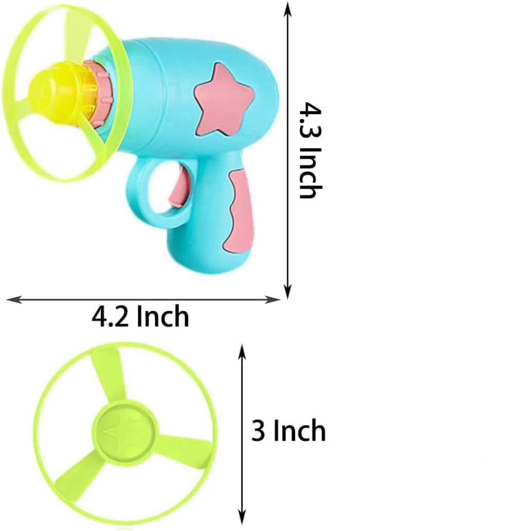 Blue plastic cat toy gun with a mounted orange frisbee, shown on a white background.