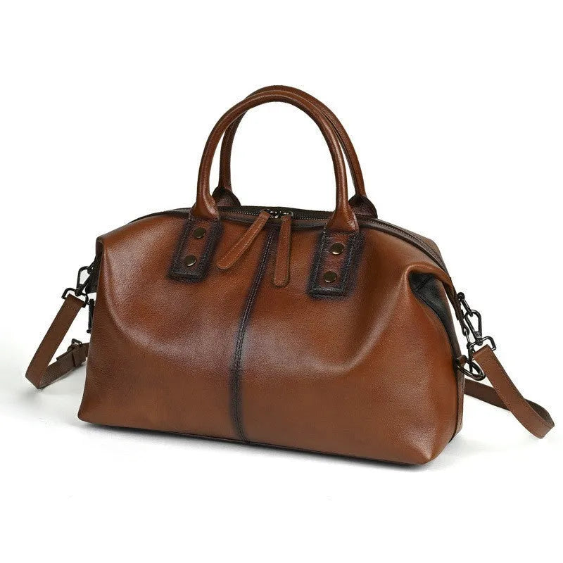 Women's retro genuine leather large-capacity handbag with polyester cotton lining, horizontal square shape, single strap, brown black coffee