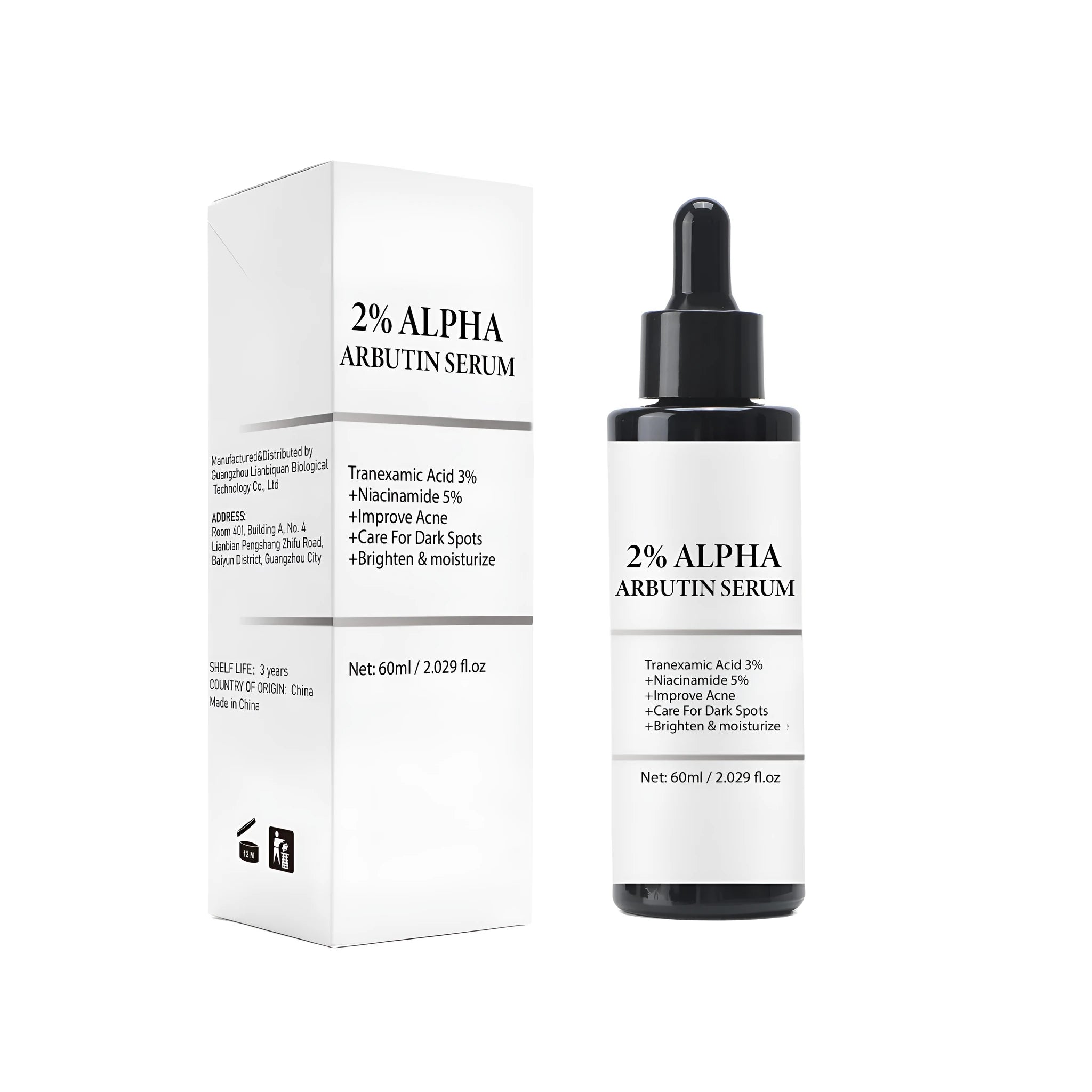 Alpha-Arbutin 60ml Facial Care Solution bottle, square design, 134.5mm tall.