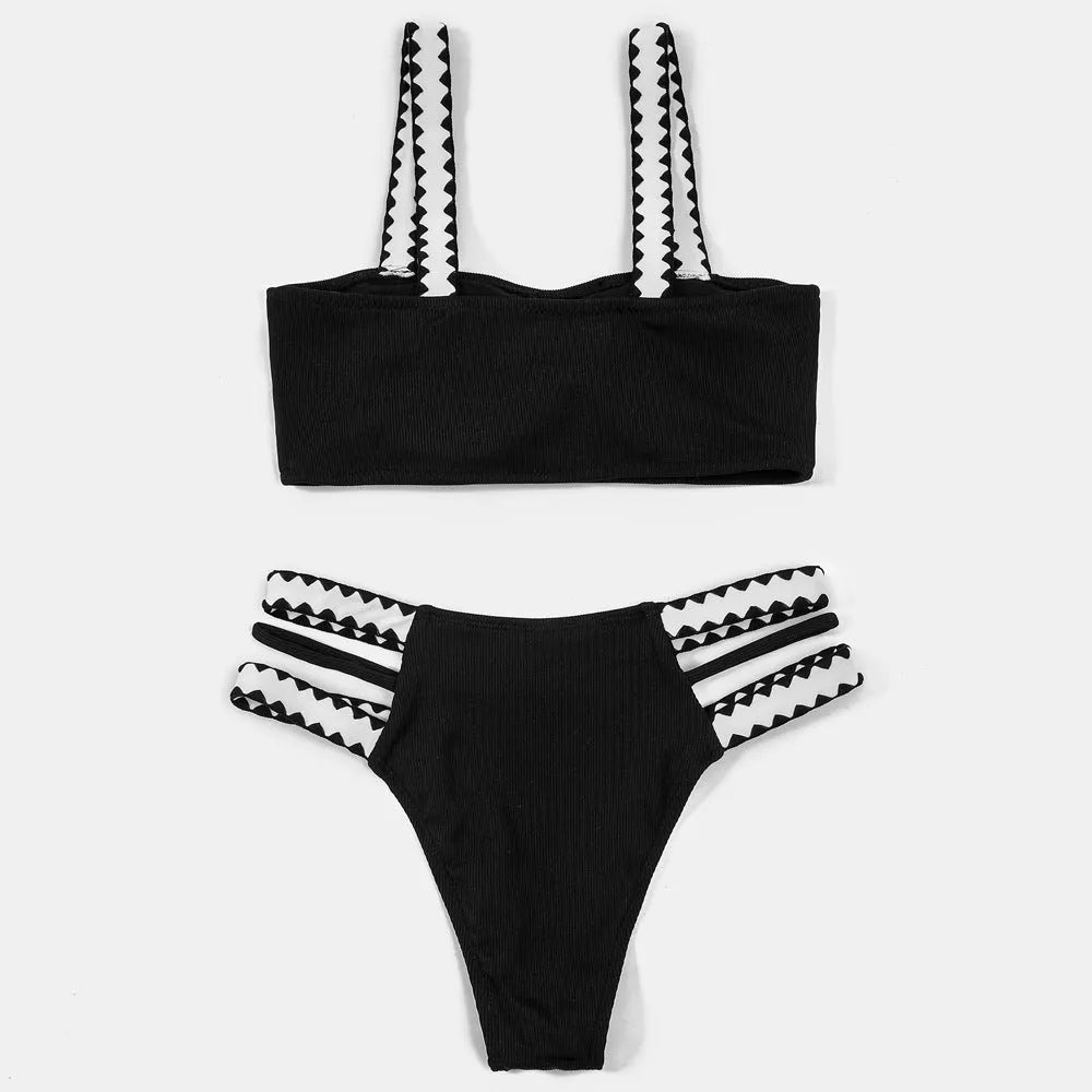Black women's hollowed-out split swimsuit bikini with briefs styling for swimming