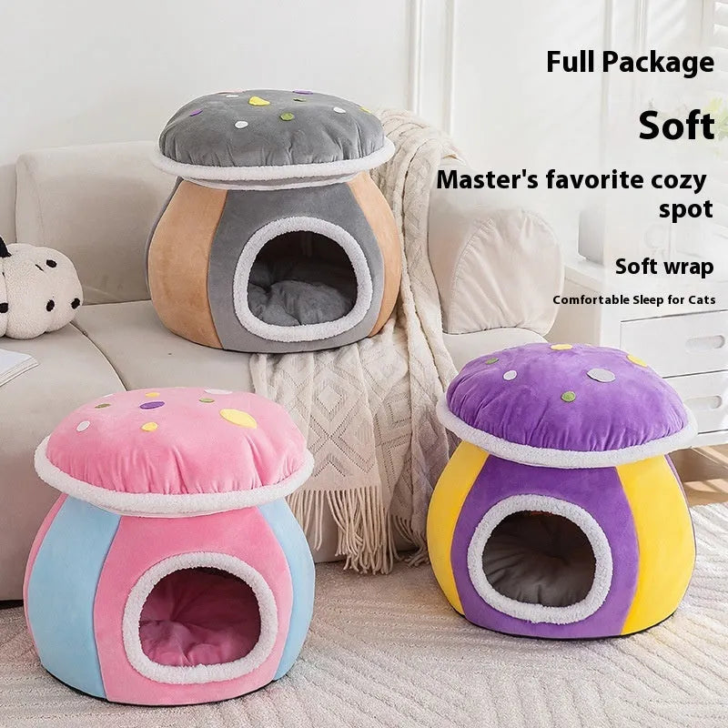 Grey mushroom-shaped plush cat bed with a thick, soft interior for pet comfort.