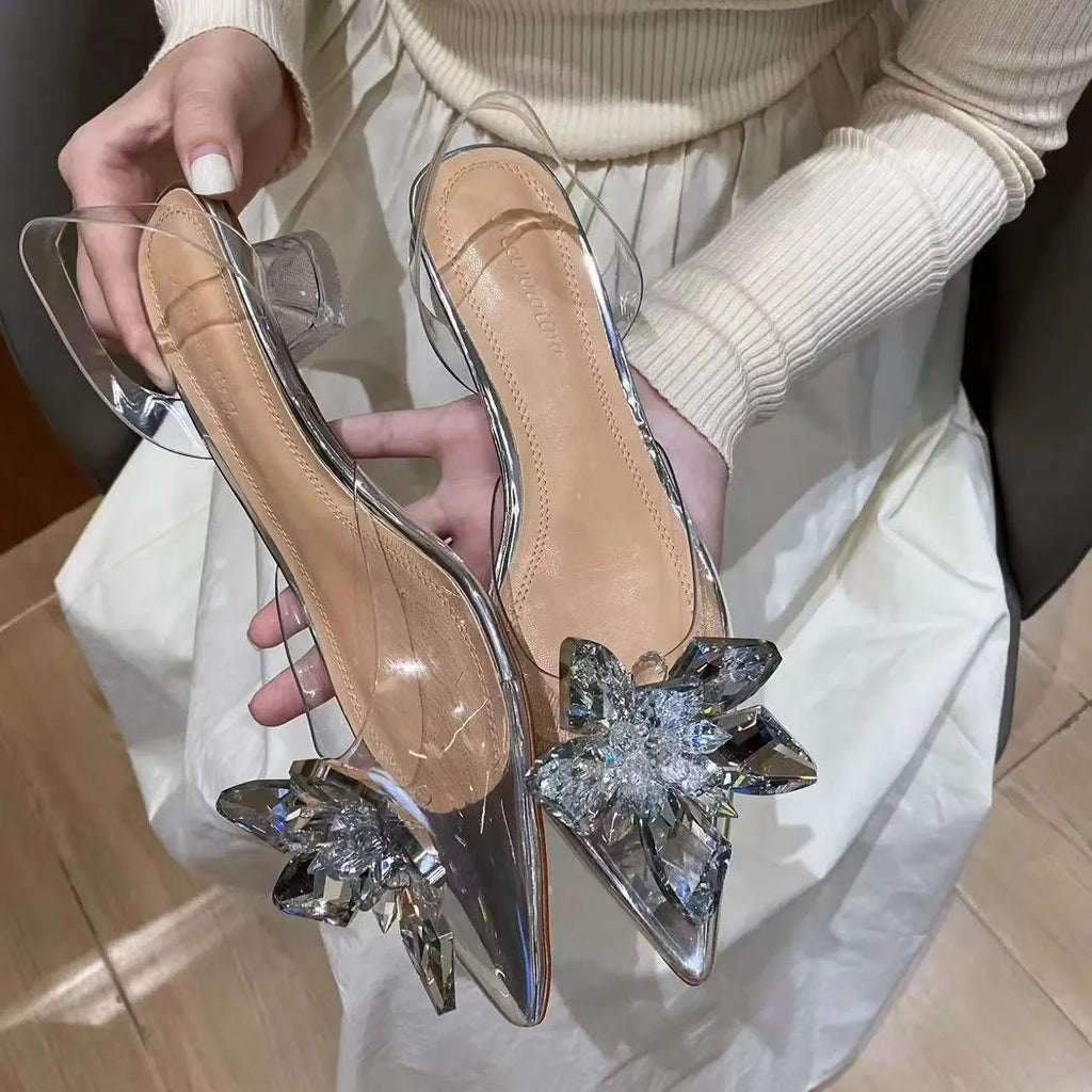 Women's transparent crystal flower high heels with pointed toe in microfiber