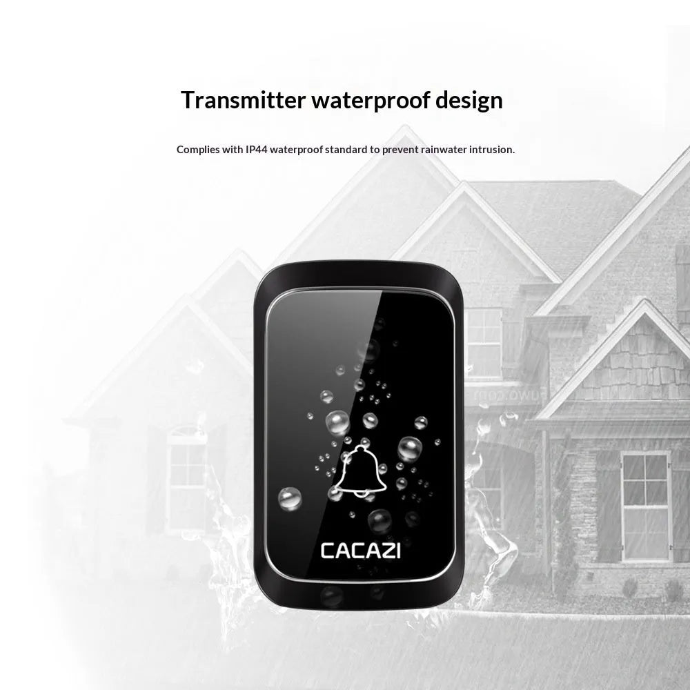 Black wireless doorbell transmitter and white receiver with battery-powered DC operation and 300-metre range