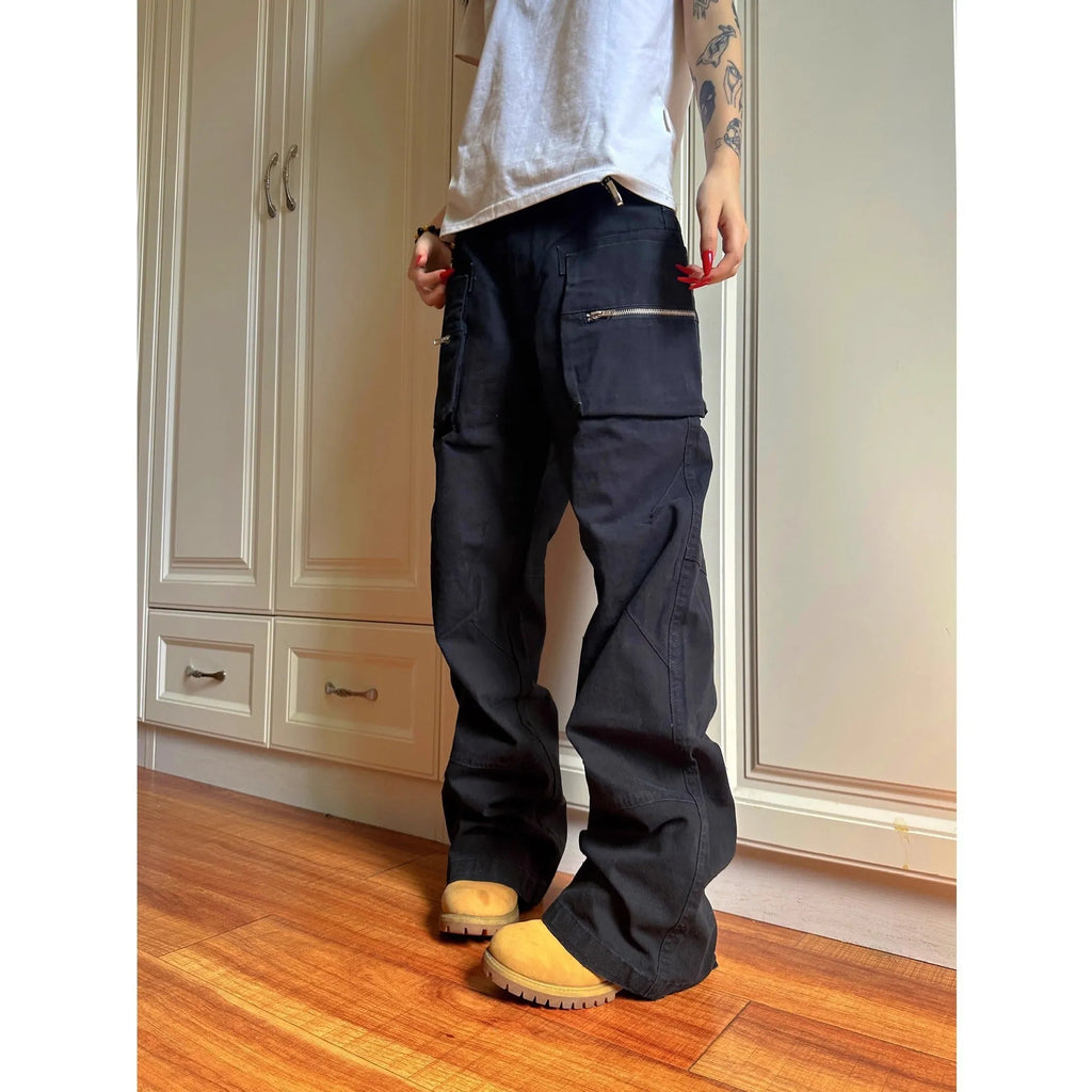 Green double zip cotton casual workwear trousers with a pocket, shown in a mid-waist fit.