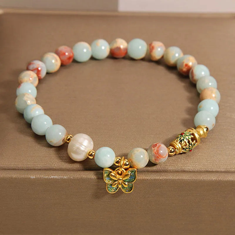 Blue women's bracelet with Shoushan stone and freshwater pearl butterfly pendant jewellery