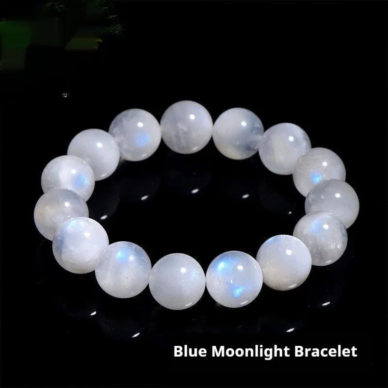 Natural blue moonlight round bead moonstone bracelet in white colour showing polished geometry-shaped beads