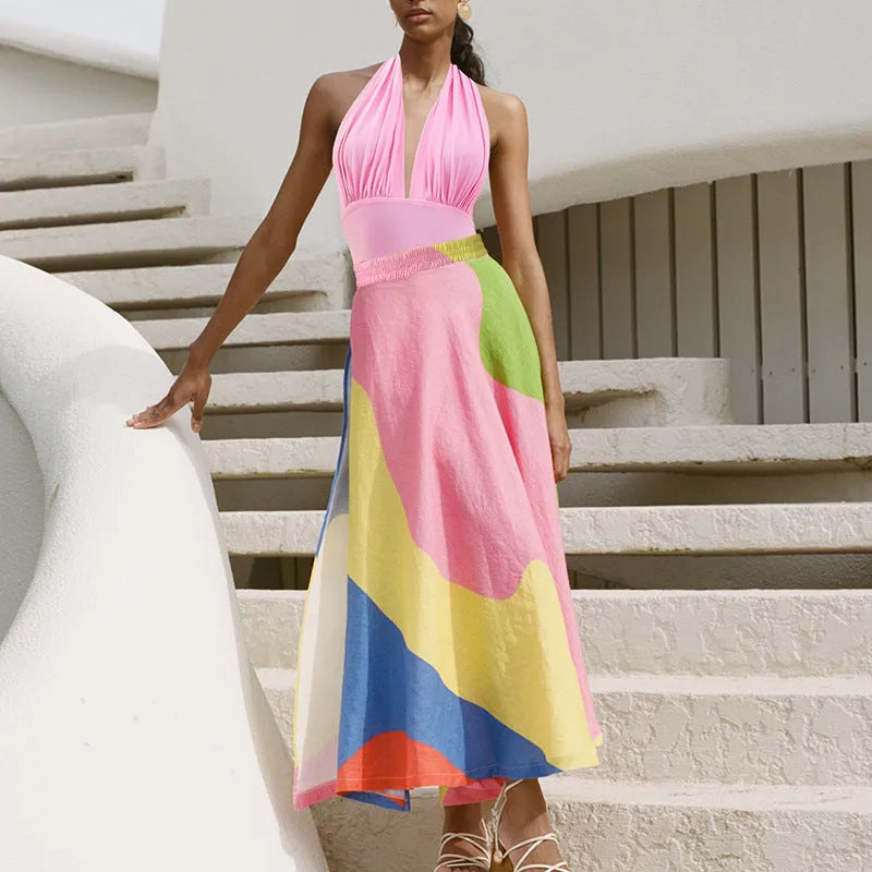 Flower Suit colour women's deep V halter backless one-piece swimsuit