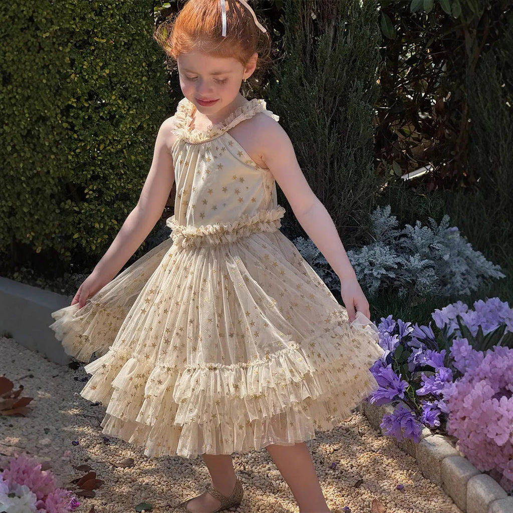Summer girls sleeveless halter tulle skirt dress in solid apricot colour