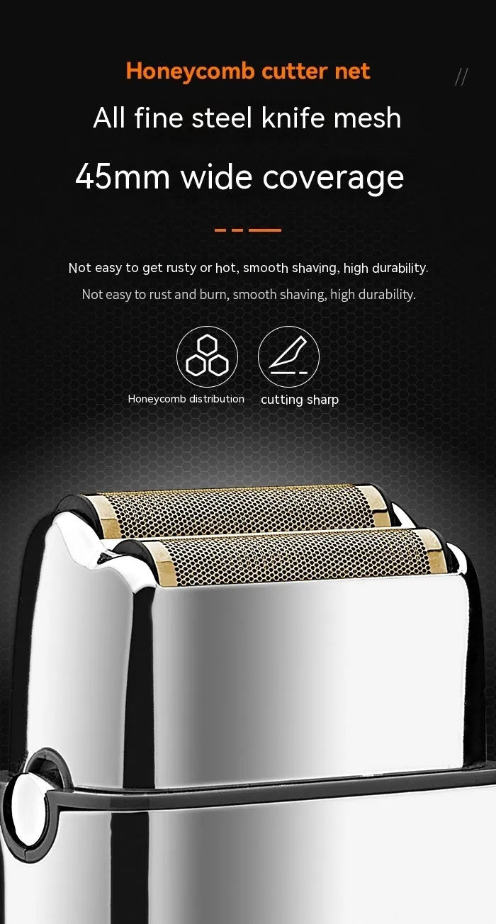 Silver USB rechargeable electric reciprocating shaver with cleaning brush and USB cable