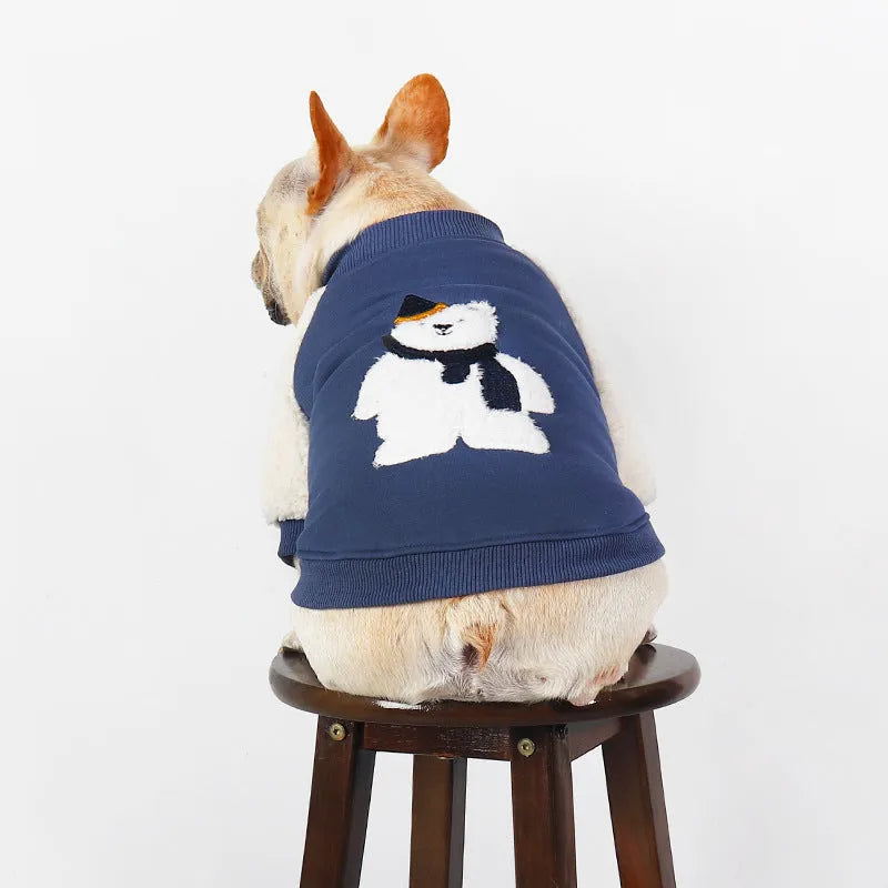 Dark blue fleece-lined cotton winter jacket for a large dog on a mannequin.