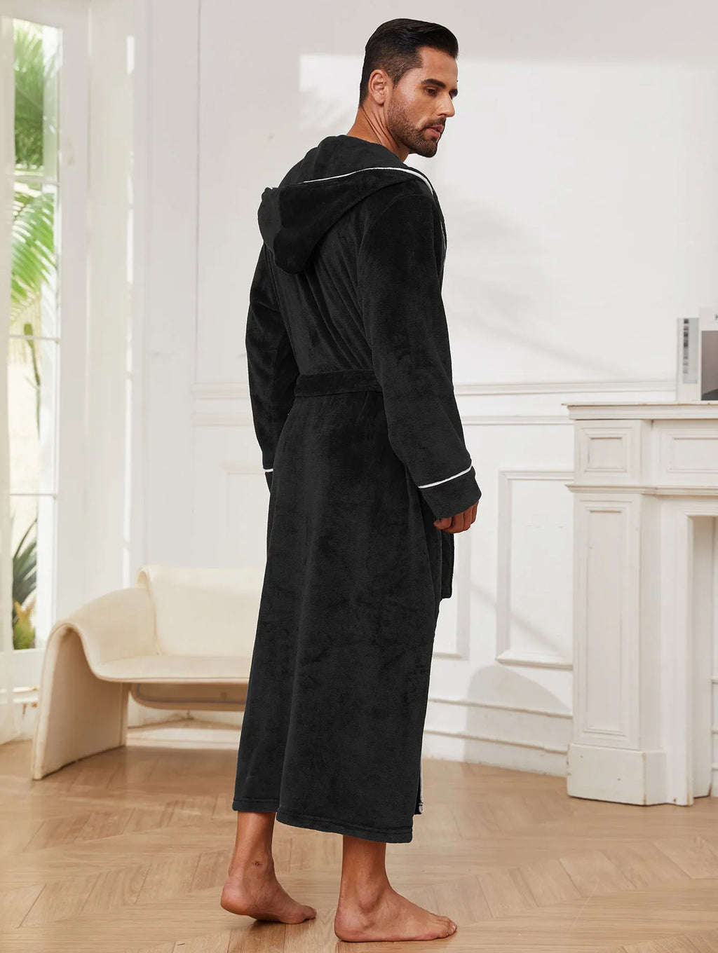Light grey flannel bathrobe pajamas for men and women on a hanger