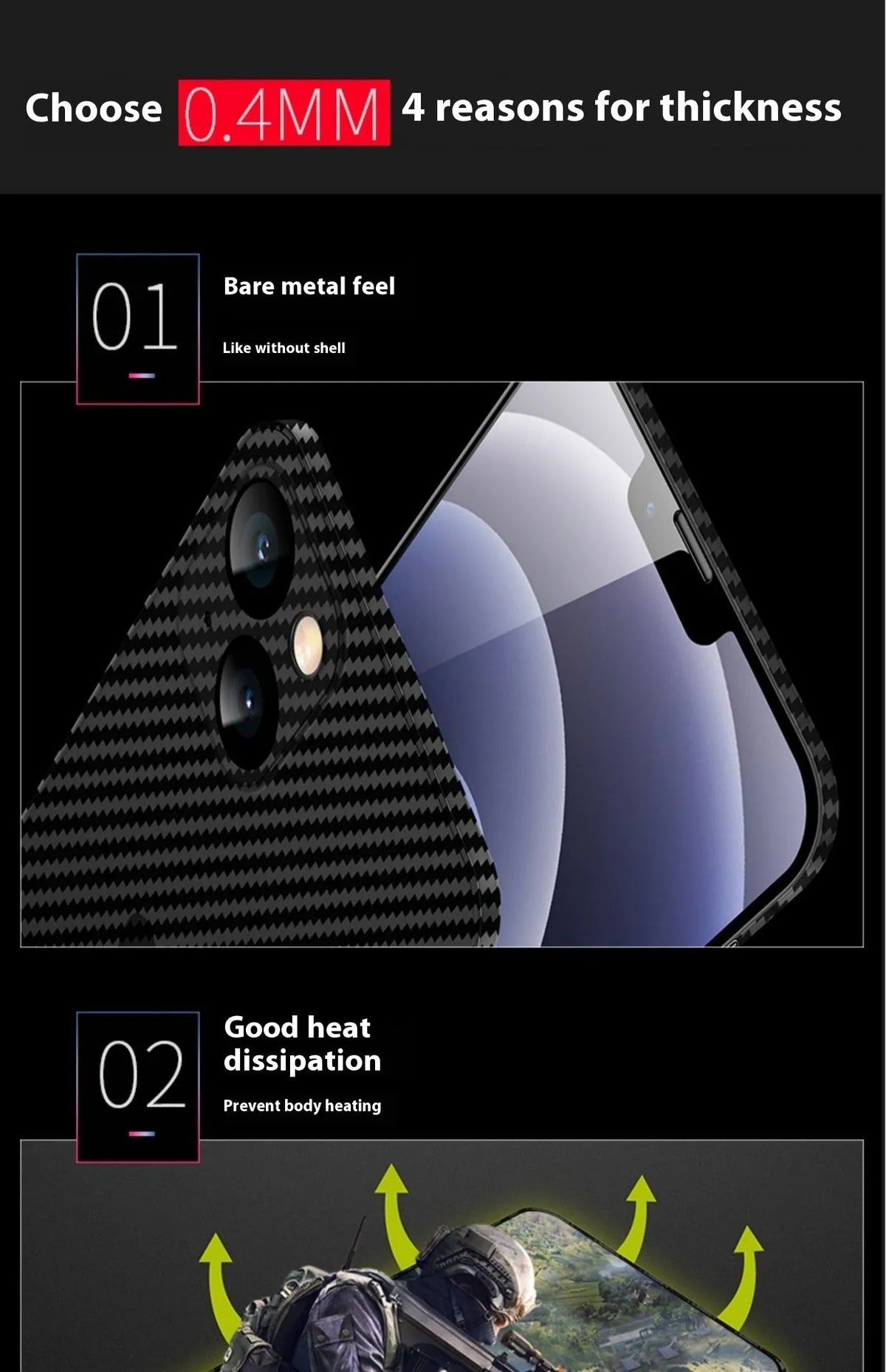 Black ultra-thin hard shell phone case with carbon fibre grain finish and anti-fingerprint PP rear cover.