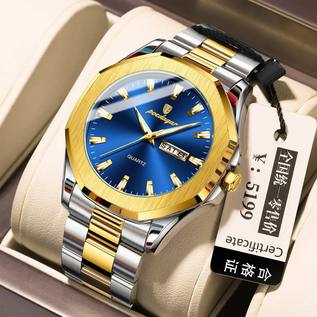Men's slim stainless steel quartz watch on wrist showing gold and blue colour variant.