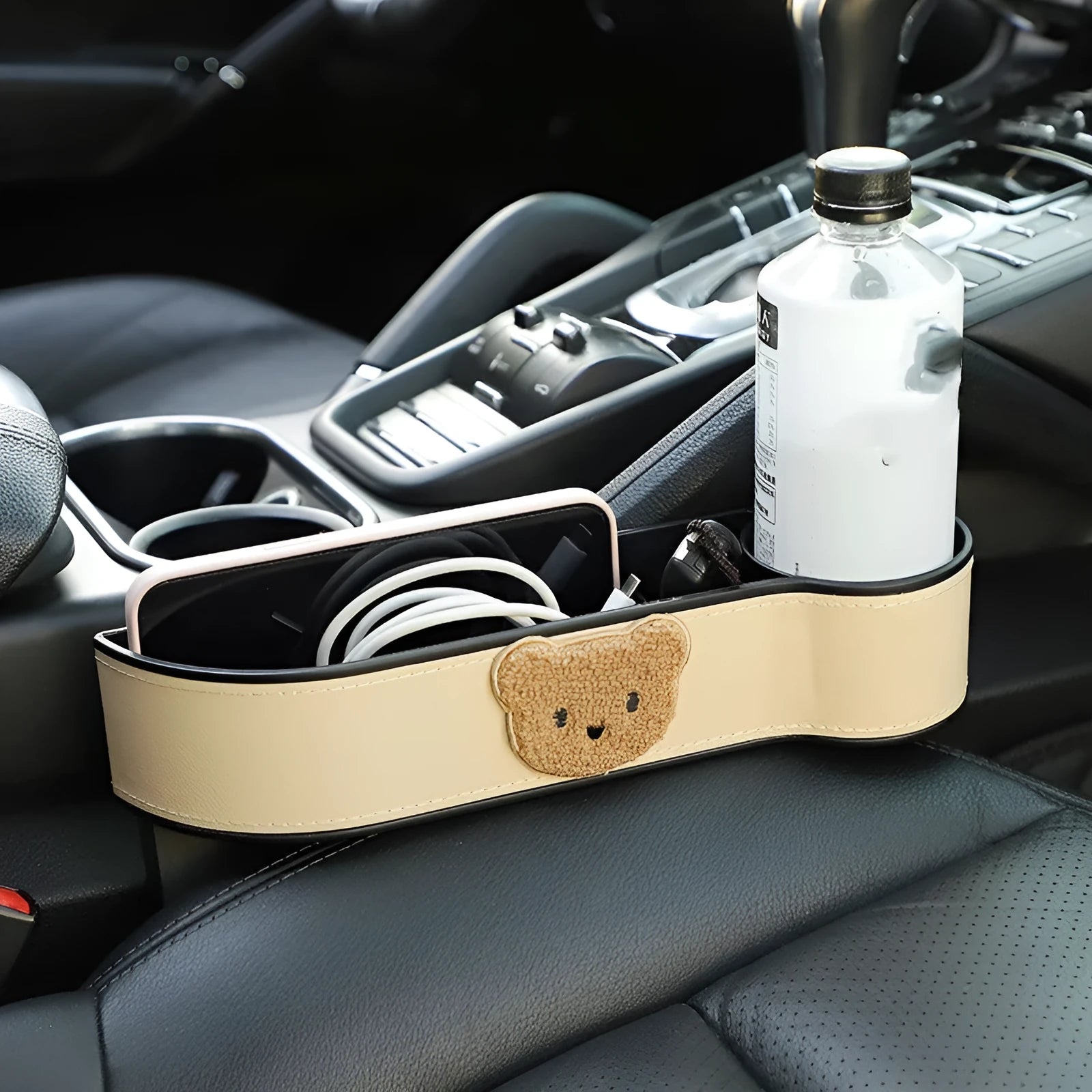 Car seat gap storage box with cartoon bear design in synthetic leather for vehicle organisation