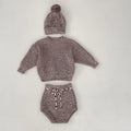 Dark brown baby girl knitted pullover set with matching shorts and fur-ball hat