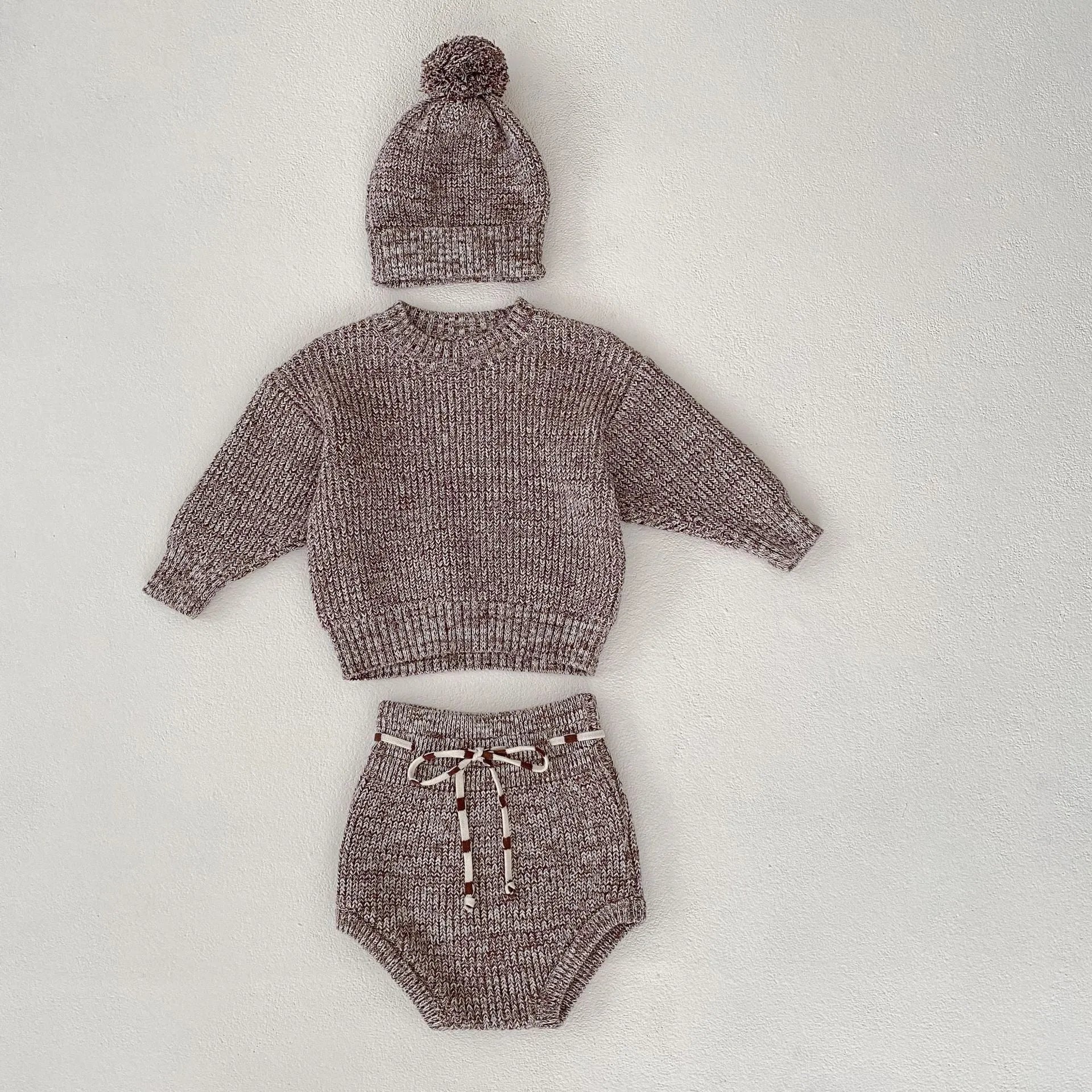 Dark brown baby girl knitted pullover set with matching shorts and fur-ball hat