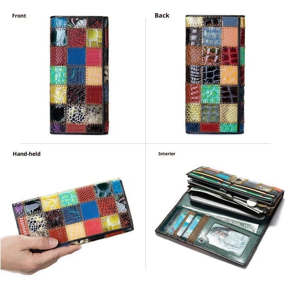 Women's first-layer cowhide geometric pattern splicing wallet in 4131 diamond colour