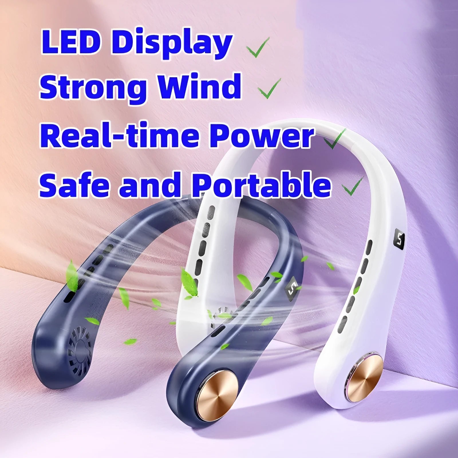 Bladeless hanging neck fan in blue colour with digital display showing speed settings
