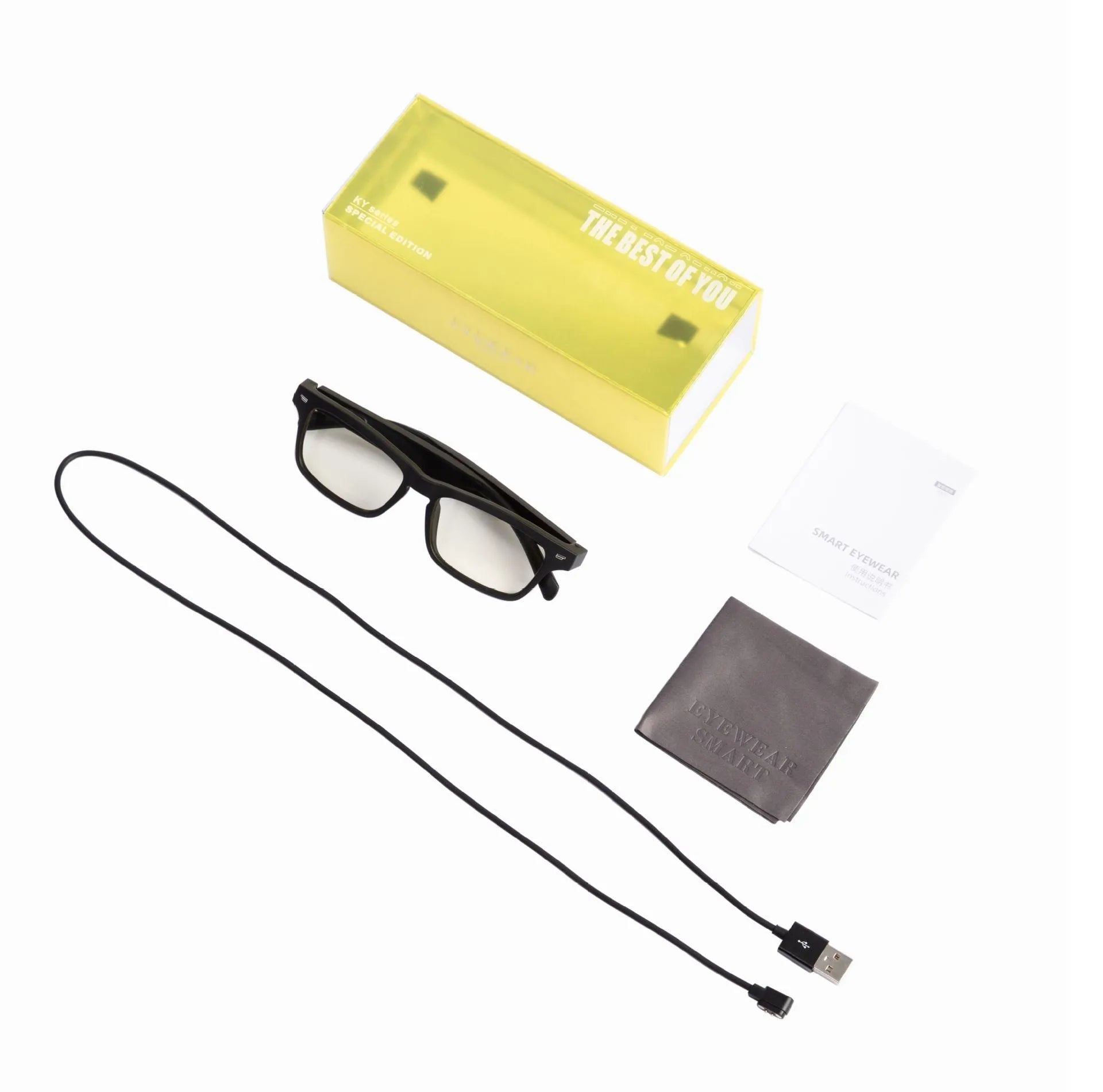 Black smart glasses with Bluetooth open-ear speakers, polarised lenses, and a sporty PC+ABS frame.