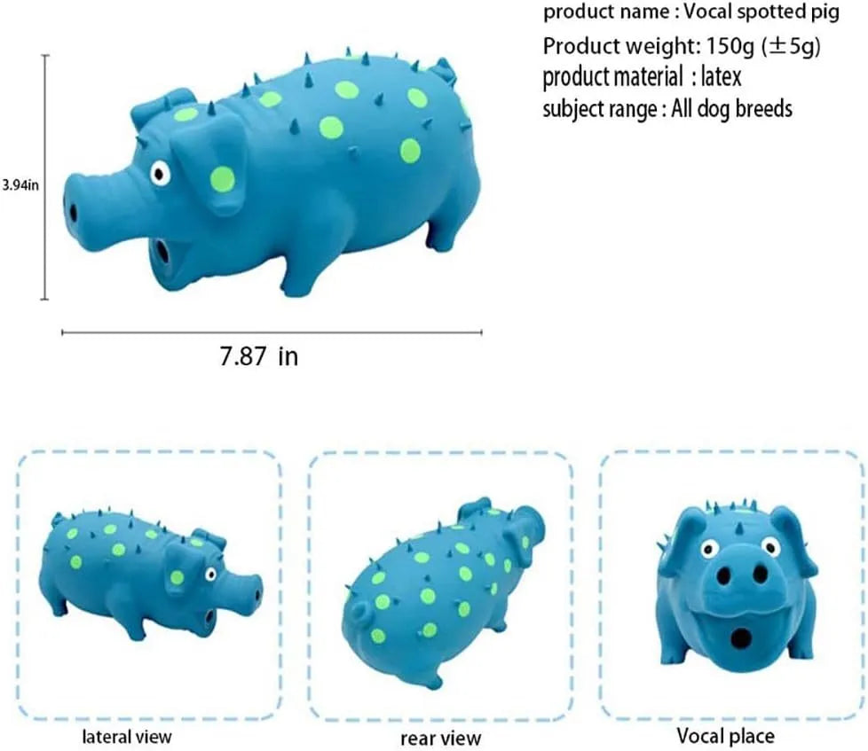 Blue pig-shaped latex dog chew toy with textured surface and squeaker, 20cm long