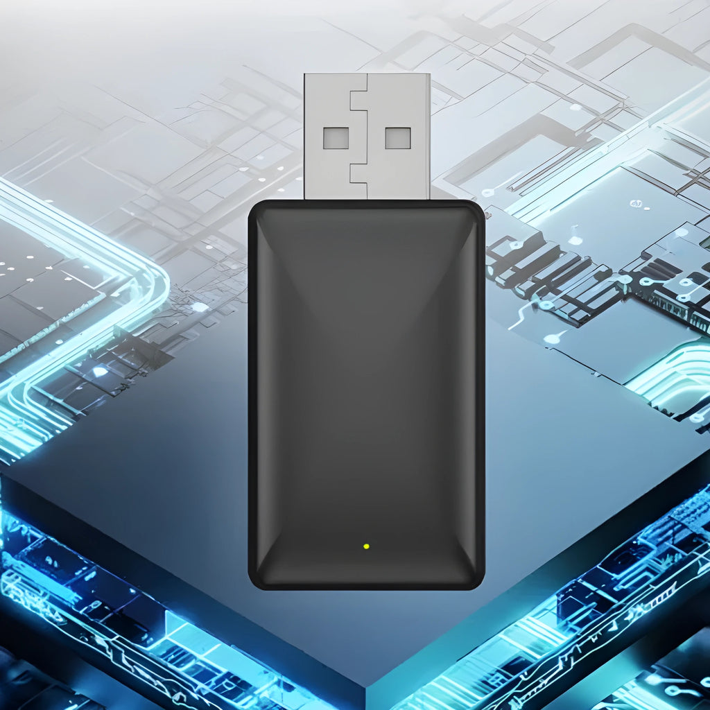 Black 2-in-1 wireless car adapter with USB port for Android device charging