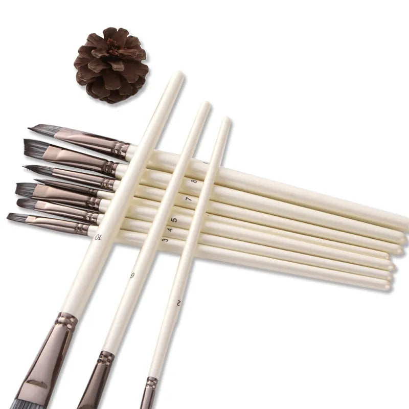 Ten pearl white nylon paint brushes with wooden handles in a clear PVC bag.