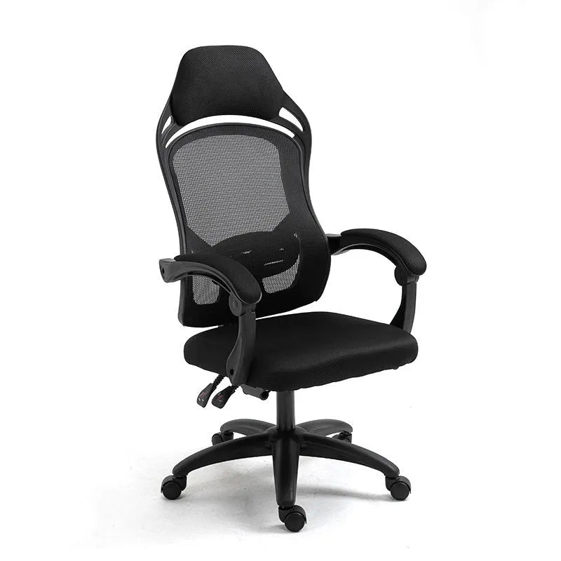 Black ergonomic computer gaming chair with linkage armrests and rotating office design