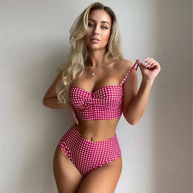 Women's plaid high-waist bikini swimsuit in rose red, black, blue, or sky blue with polyester lining