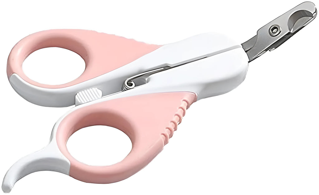 Grey and pink angled pet nail clippers with safety guard and rubberised handles.