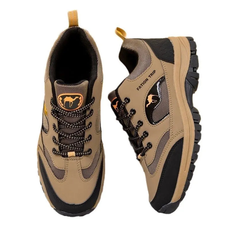 Men's outdoor hiking shoes with wear-resistant sole, low top, front lace-up, artificial leather upper, in black, green, and khaki colours