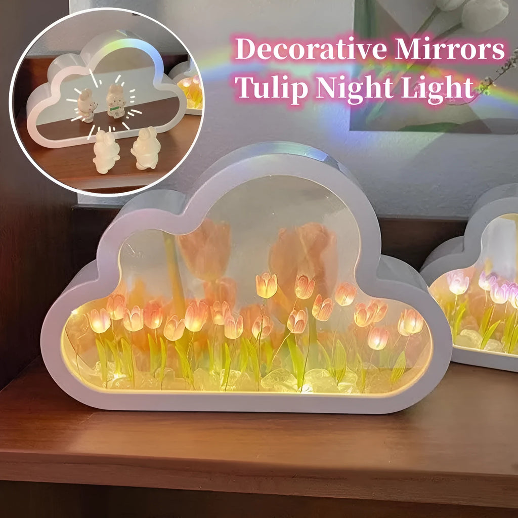 Cloud-shaped tulip night lamp with LED lights and integrated mirror on a table
