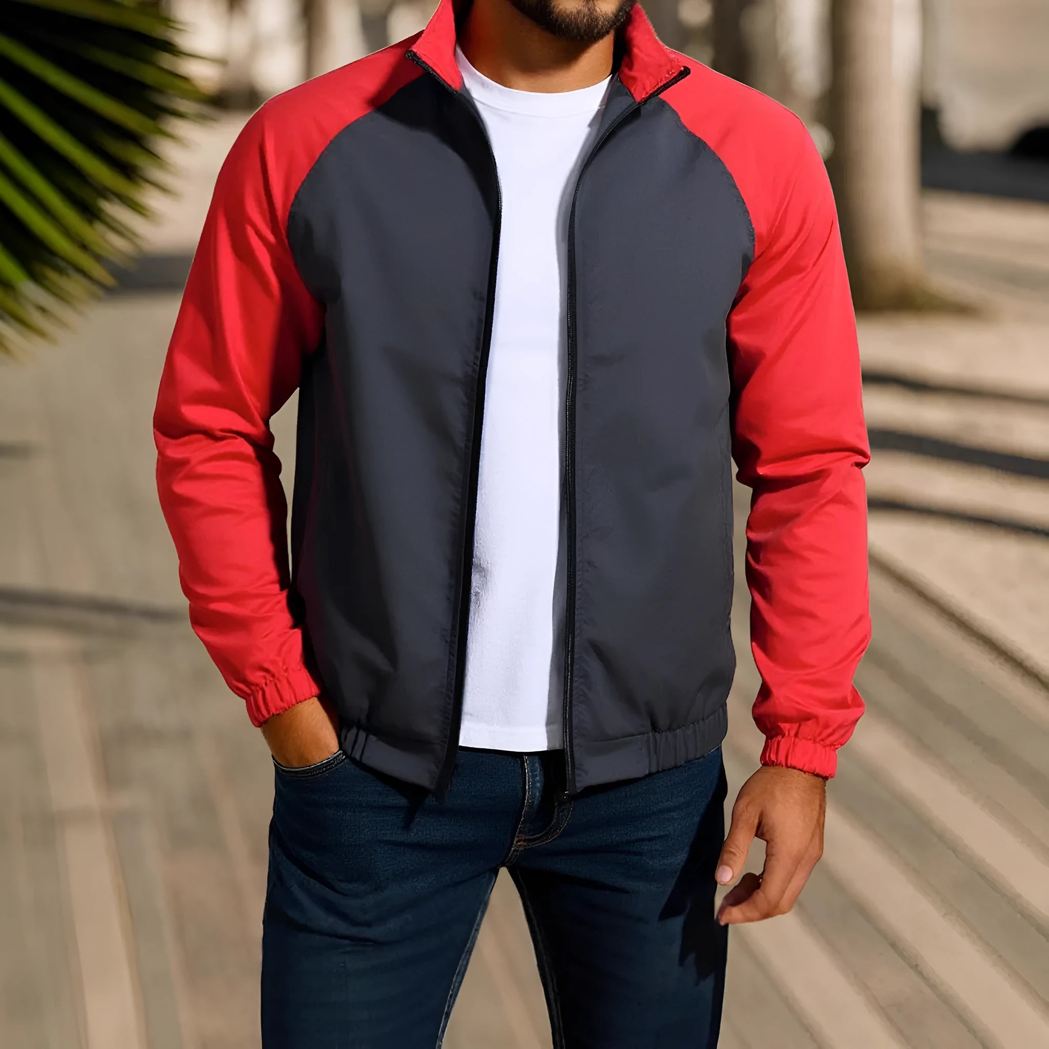 Men's stand collar casual coat with contrast colour details and raglan sleeves in loose fit