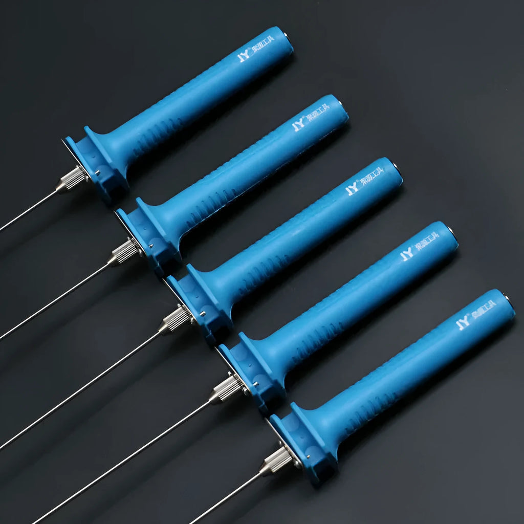 Blue plastic-handled electric heating cutter pen with a pointed metal tip for cutting foam.