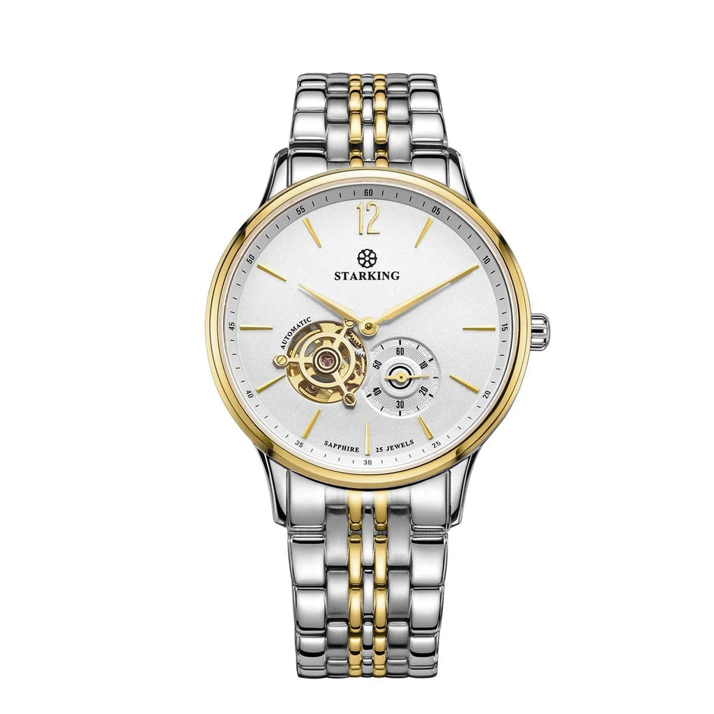 Automatic mechanical men's business watch with brown leather strap and sapphire crystal face.