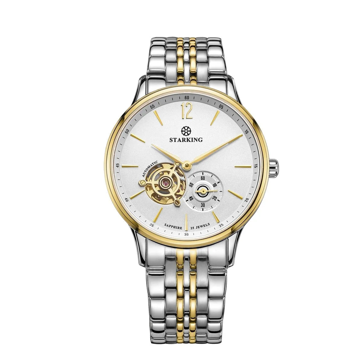 Automatic mechanical men's business watch with brown leather strap and sapphire crystal face.