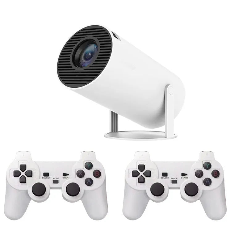 White Barrel X10 PLUS portable smart projector and gaming machine with remote and gamepad.