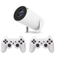 White Barrel X10 PLUS portable smart projector and gaming machine with remote and gamepad.