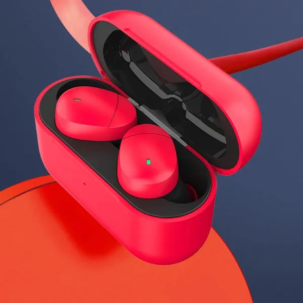 Flame red Qualcomm TWS 3040 wireless Bluetooth earbuds with charging case and USB cable.