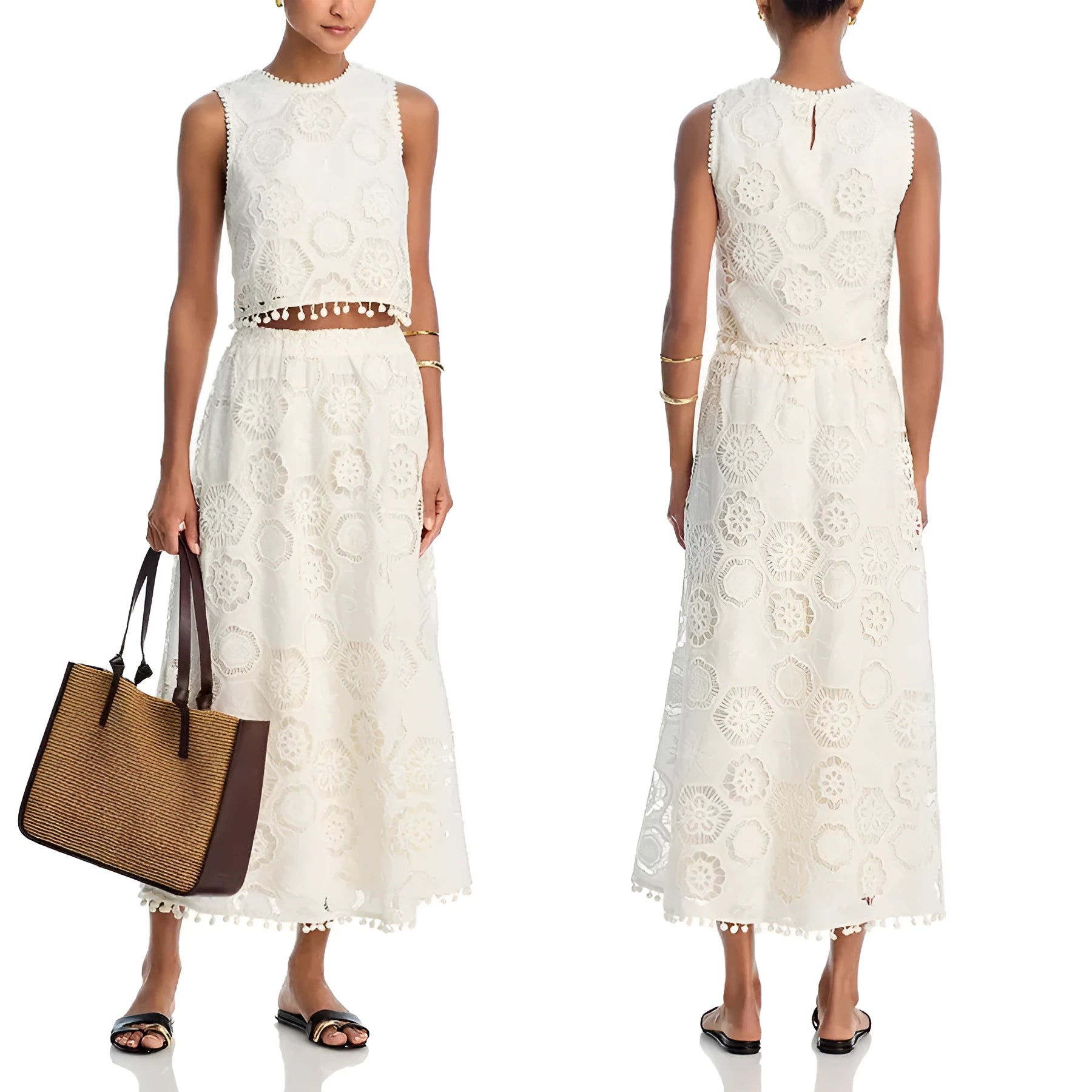 White women's retro-style two-piece suit with sleeveless top and embroidered long skirt.